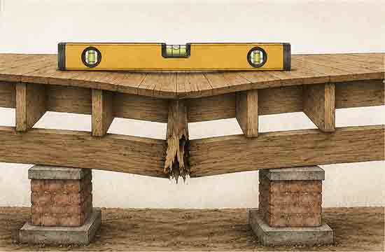 Uneven wooden structure with level tool.