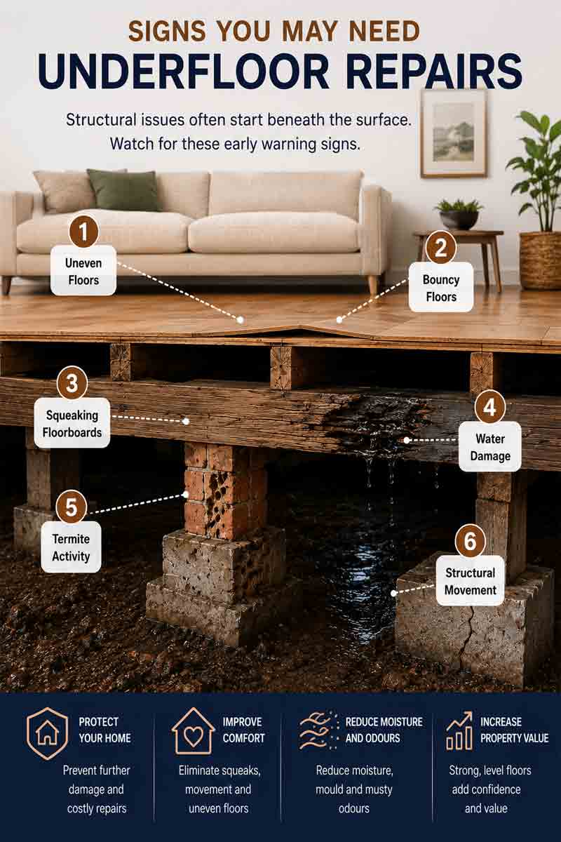 Signs indicating underfloor repairs needed